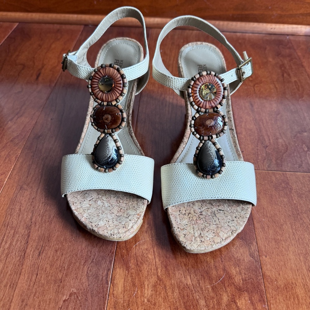 Wedge Heel Beige Sandals with Beaded Accents